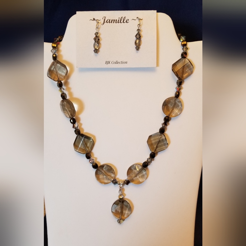 Necklace and earrings set. Multi faceted Smokey Quartz stones.
